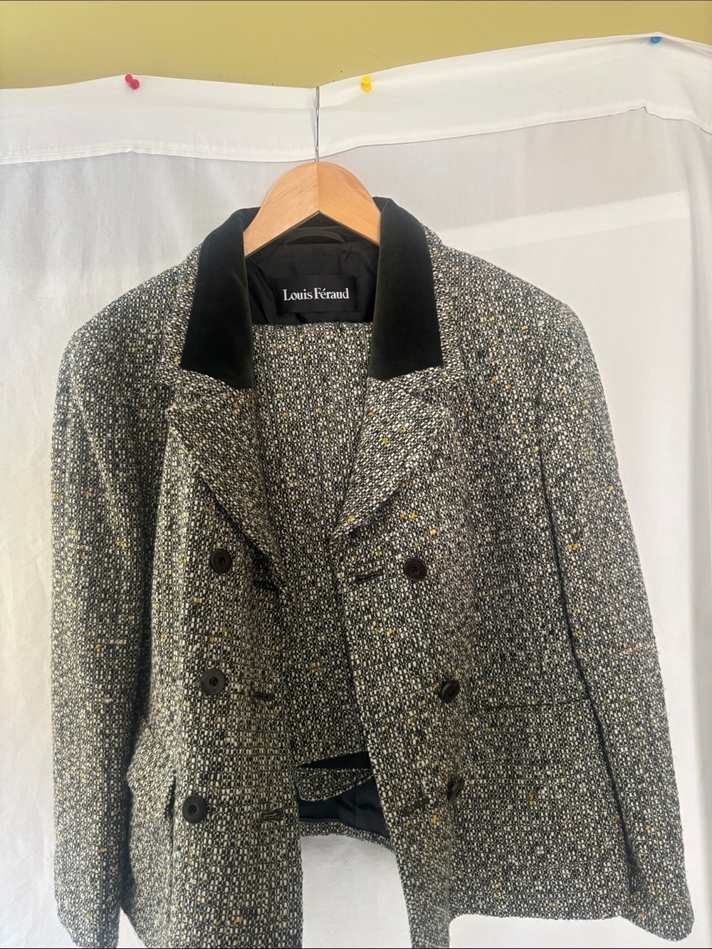 Louis Feraud Black and Gray Tweed Double-Breasted Blazer Matching Skirt. Size 14